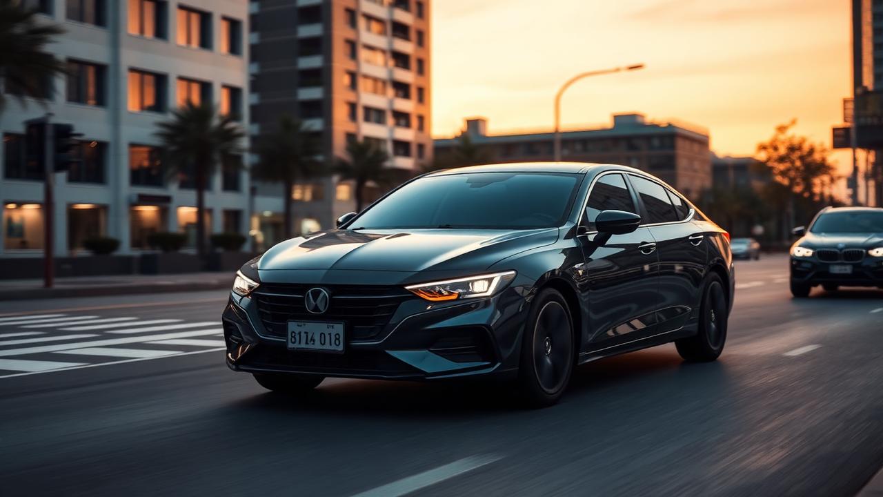 Carro em via urbana no fim de tarde