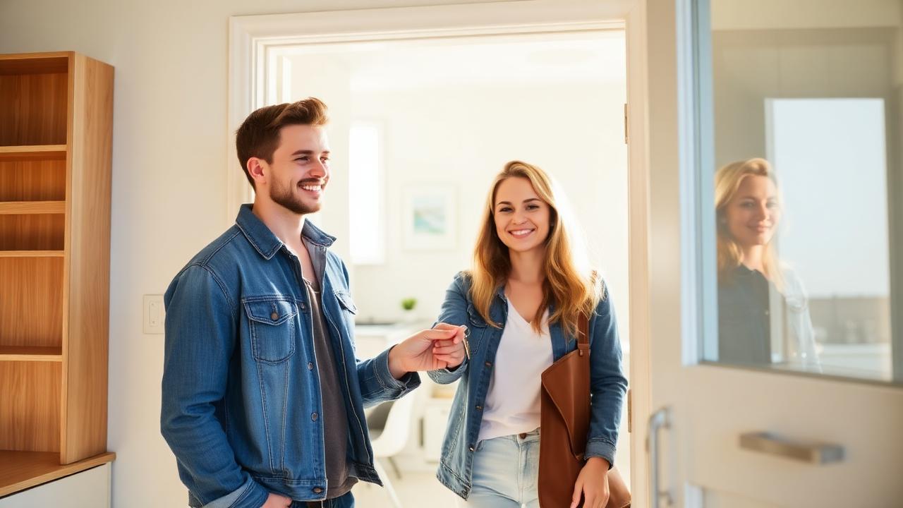 Casal recebendo as chaves de um apartamento alugado