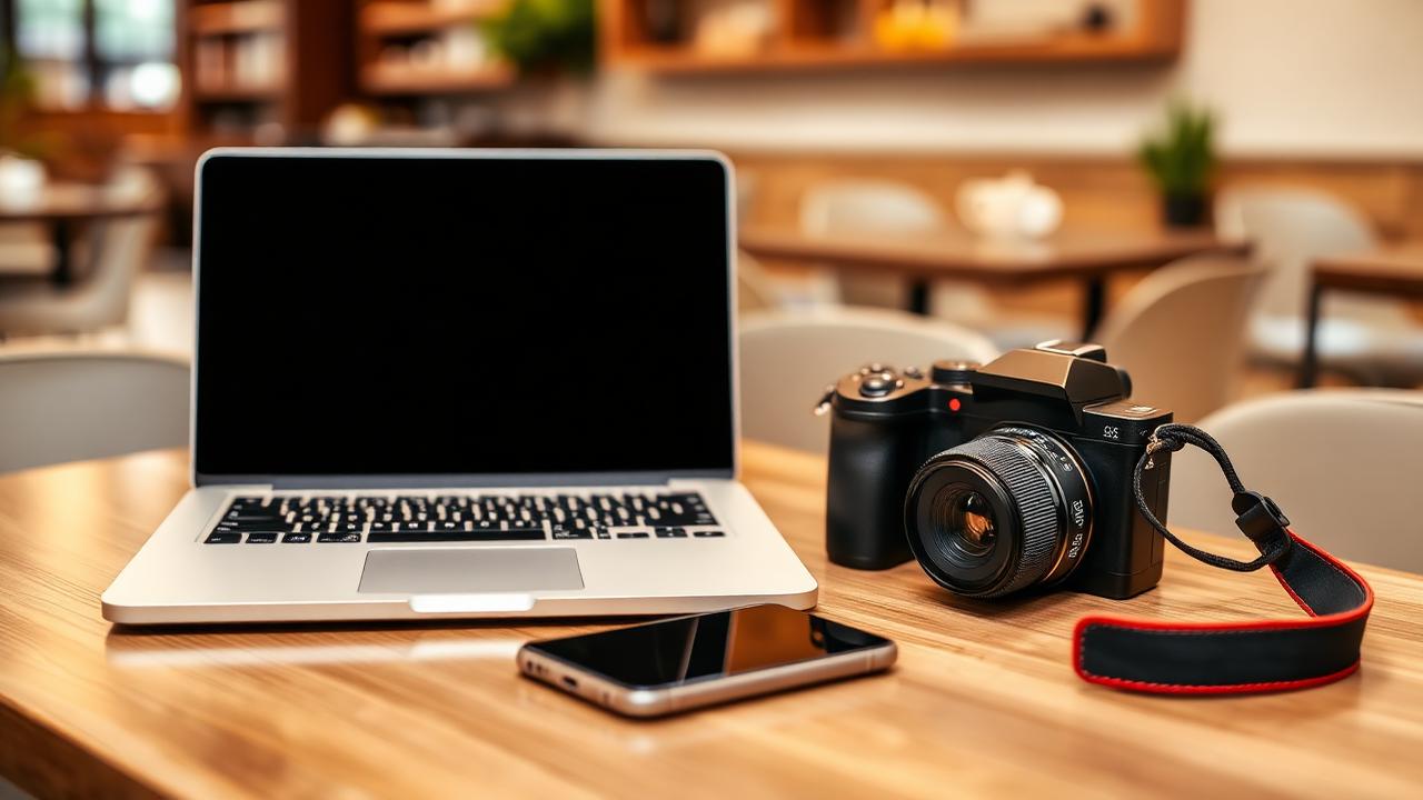Notebook, celular e câmera sobre mesa