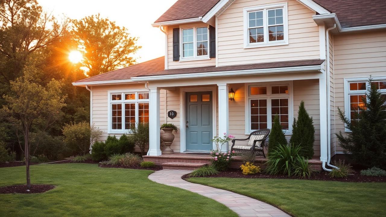 Casa residencial com jardim ao entardecer